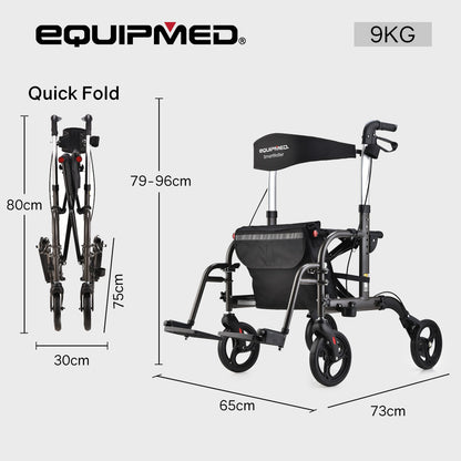 EQUIPMED 2-in-1 Foldable Aluminium Walking Frame Rollator and Transit Wheelchair with Bag, Titanium colour