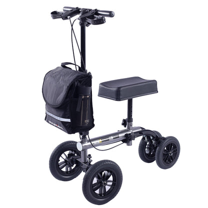 EQUIPMED Knee Scooter Walker, 10 inch Tyres Dual Brakes Bag - Broken Leg Ankle Foot Mobility - Crutches Alternative - Titanium colour