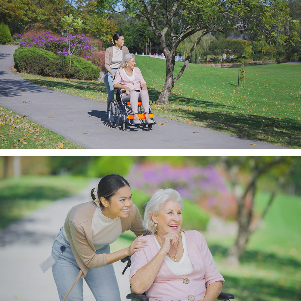 EQUIPMED Folding Aluminium Wheelchair, 20" Wheels, Park Brakes, 100kg Capacity, Orange