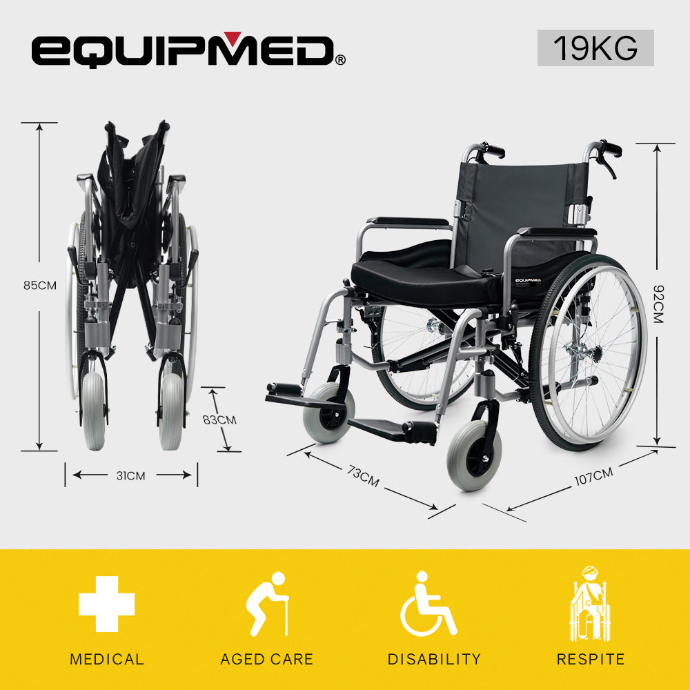 EQUIPMED Extra-Wide Folding Wheelchair, Aluminium Frame, 150kg Capacity, 24 Inch Wheels, Park Brakes, Black