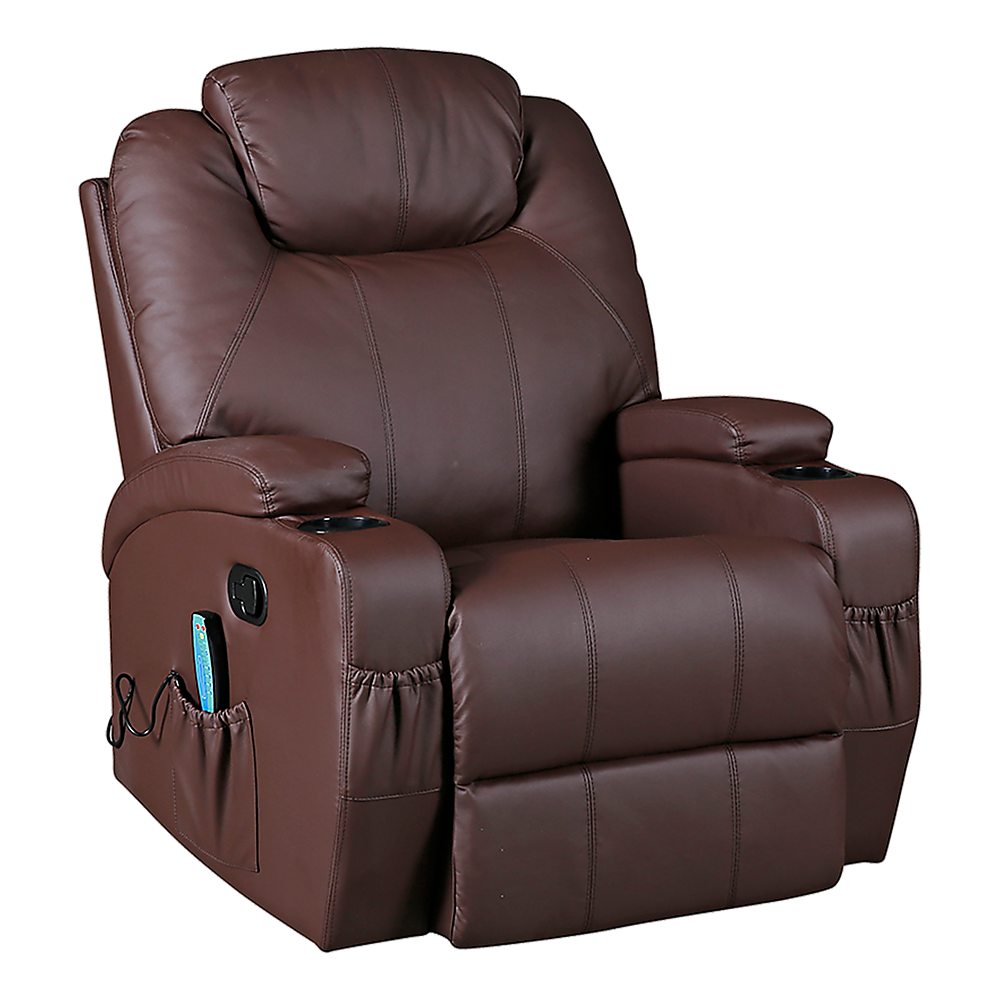 Brown Massage Sofa Chair Recliner 360 Degree Swivel PU Leather Lounge 8 Point Heated