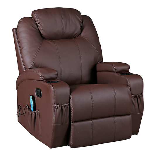 Brown Massage Sofa Chair Recliner 360 Degree Swivel PU Leather Lounge 8 Point Heated